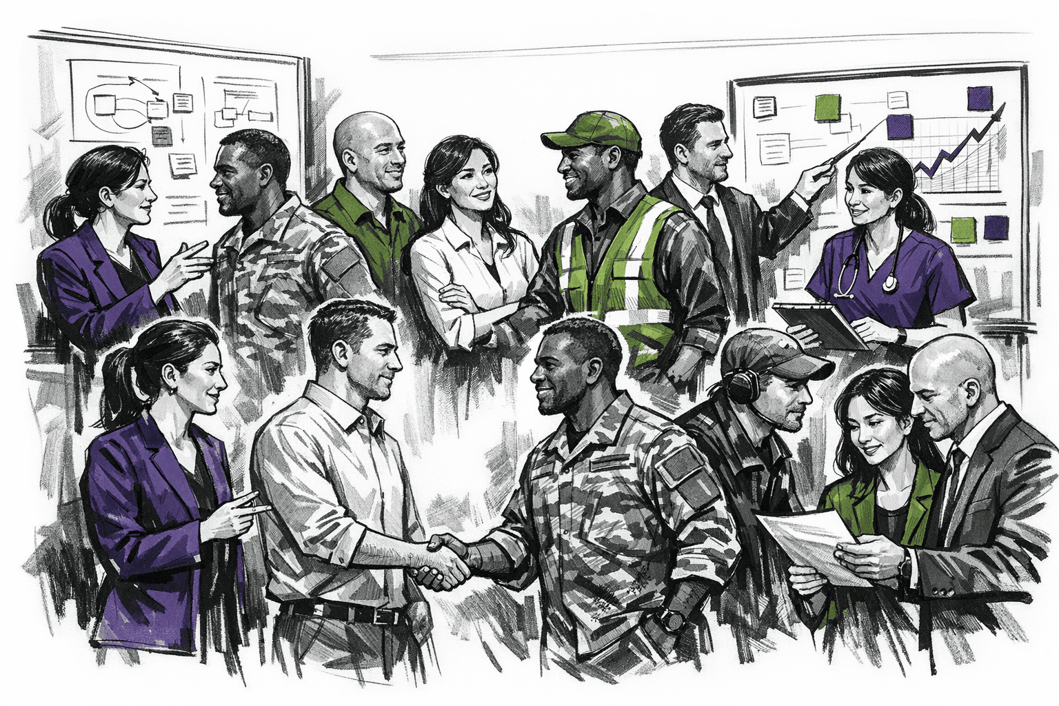 Group of various workers exchanging friendly greetings