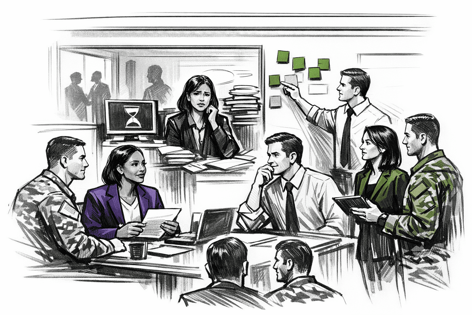 Group of employers surrounding table and working