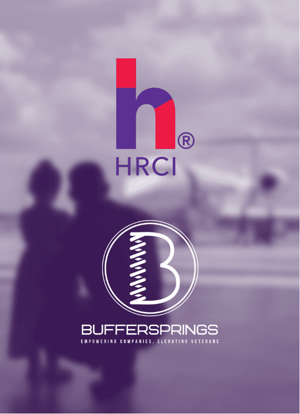 Blurred image of a servicemember and child with HRCI and BufferSprings logo in the foreground
